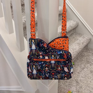 Zip-to-it Wonderland Purse - Navy Crossbody Bag,  Red Zipper Purse, Adjustable Strap, interior pocket, Alice in Wonderland Bag,