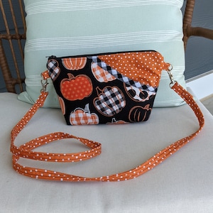 Joey Bag - Orange Plaid Pumpkins, Small Black Fall Crossbody Purse, Removable Purse Straps, Halloween Essentials Purse, Plaid Cell Phone Bag