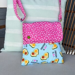 CLEARANCE Mini Messenger - Cute Avocado bag,  pink polka dot purse, adjustable strap, little girl purse, small crossbody bag, kid travel bag