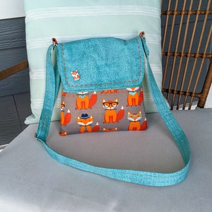 Mini Messenger - Cute Orange Fox print bag,  blue purse, adjustable strap, teal little girl purse, small crossbody bag, kid travel toy bag