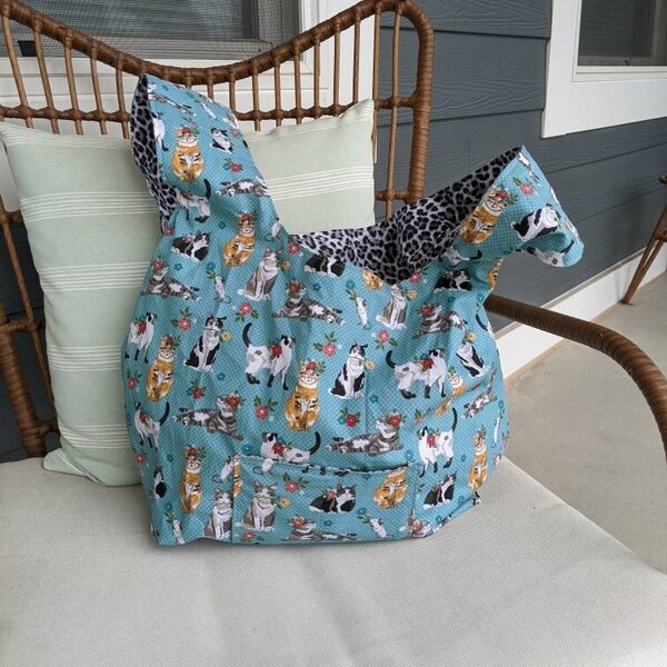 Market Bag - Teal Cats and Flowers, Reusable Grocery Bag, Foldable Shopping Bag, Gray Animal Tote, Reversible Market Tote, Fabric Gift Bag