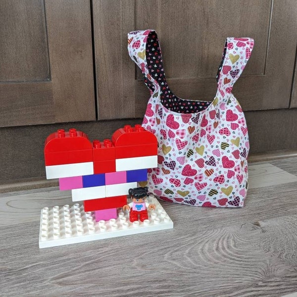 Kid Market Tote - Pattern Hearts - Happy Valentine's Day Bag, Child Toy Tote, Reversible Travel Bag, Carry On Bag, Washable Children's Purse