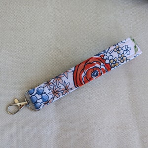 Wrist Strap Floral Print, Canvas Key Fob, Removable Wristlet, Bold Flower Colors, Car Key handle image 1