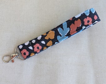 Wrist Strap - Abstract Floral Print, Dark Grey Canvas Key Fob, Removable Wristlet, Bold Flower Colors, Car Key handle