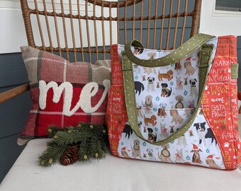 Galaxy Tote - Happy Howlidays, Red Christmas Shoulder Bag, Green Holiday Purse, Dog Lover Tote Bag, Interior Zipper Pocket, Pen Pockets