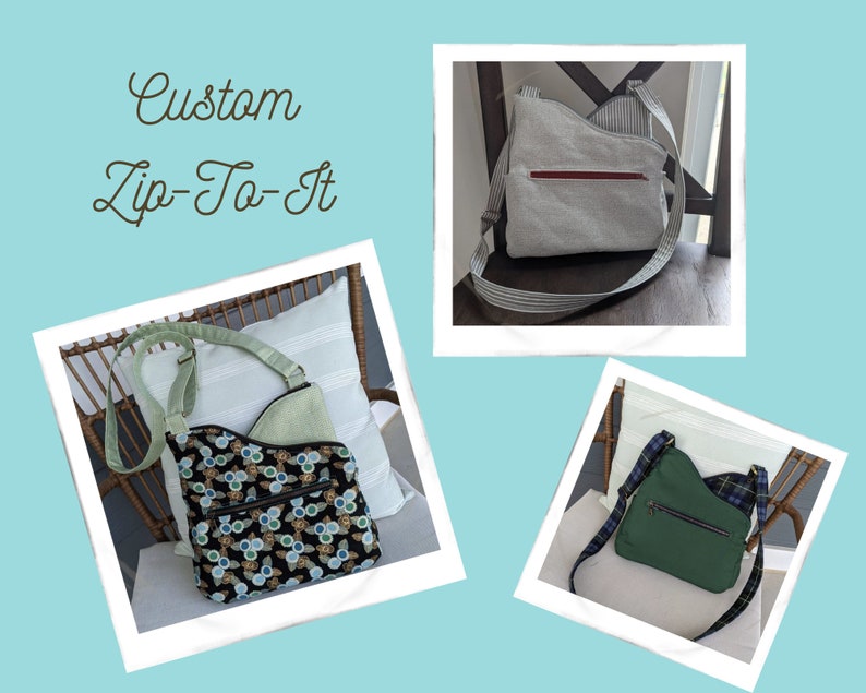 May include: Three different custom-made zippered crossbody bags. One bag is green with a plaid strap, another is grey with a striped strap, and the third is black with a green strap and a colourful pattern.