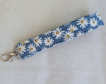 Wrist Strap - Blue Daisy, Canvas Key Fob, Removable Wristlet, Small Flower Print, Car Key handle