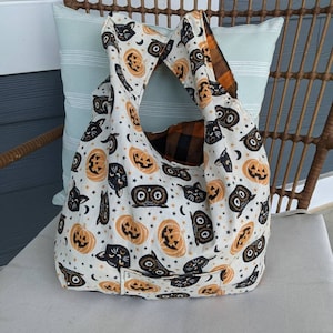 Market Bag - Cat and Owl, Orange Plaid Reusable Grocery Bag, Foldable Shopping Bag, Halloween Tote, Reversible Market Tote, Fabric Gift Bag
