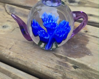 Handblown Glass Teapot Paperweight – Cobalt Blue Lampwork Flower with Amethyst Purple Accents