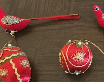 Vintage MCM Christmas Ornaments | Satin Eggs, Clip-On Birds, Red Gold Holiday Decor