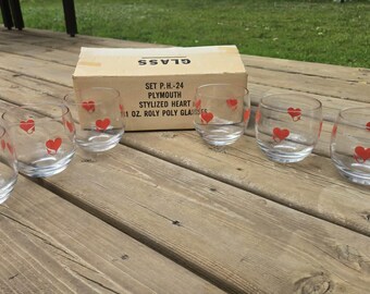 Set of 6 NOS 1960s Plymouth Dealer Rare Heart Roly Poly Glasses 11 oz Original Box MCM Barware