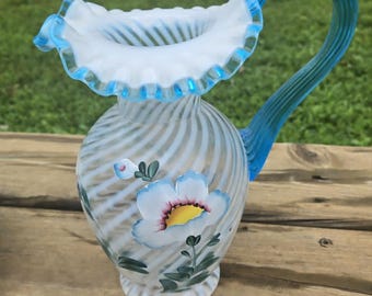 Fenton 90th Anniversary Poppy Spiral Optic Pitcher – French Opalescent, Celeste Blue Crest, Signed