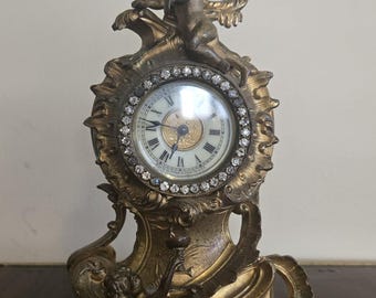 Antique Ansonia Rococo Mantel Clock | Gilt Cherub Figural, Rhinestone Bezel