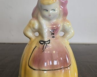 Vintage 1950s Ceramic Girl Figurine Planter | Pink Yellow Dress Mid-Century Kitsch Décor