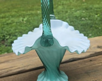 Fenton Teal Glass Basket – White Crest Ruffled Rim, Twisted Handle, Original Hang Tag