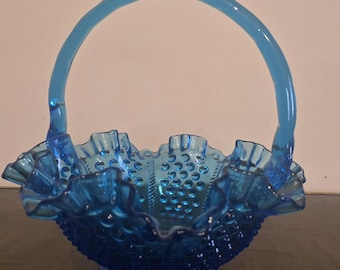 Vintage Fenton Colonial Blue Hobnail Glass Basket | Ruffled Edge | Applied Handle | Mid-Century Collectible