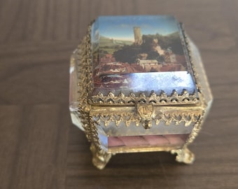 Antique Victorian Beveled Glass Jewelry Casket Box Ormolu Brass Filigree Eppstein Castle Souvenir Germany
