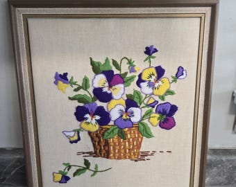 Vintage Hand Embroidered Pansy Basket Wall Art - Framed Floral Needlework
