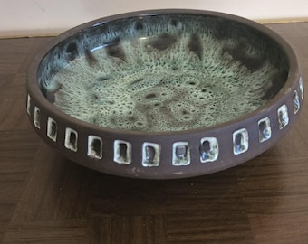 AWF Norway MCM Stoneware Bowl | Lava Glaze Green Volcanic Interior, Rectangular Relief Band