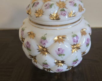Consolidated Glass Quilted Milk Glass Lidded Jar Hand Painted Charleton Roses Gold
