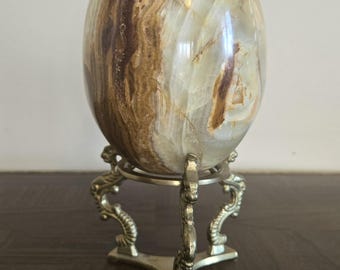 Vintage Polished Onyx Marble Stone Egg with Decorative Brass Stand