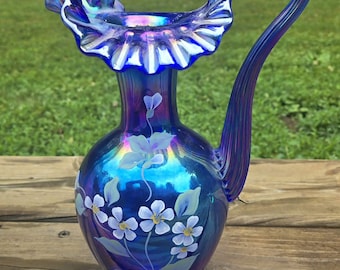 Fenton Iridescent Cobalt Blue Carnival Glass Pitcher – Hand-Painted White Flowers, Signed, Confirmed Fenton Tag