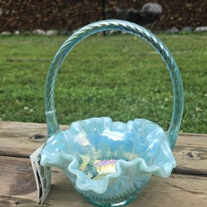 フェントン　ハンドペイント　ブルー チューリップ ガラス バスケット Fenton Blue Basket - Etsy