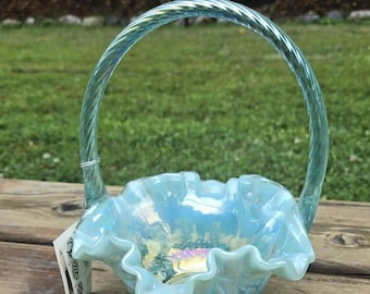 Vintage Fenton Blue Opalescent Glass Basket – Ruffled Crimped Rim with Twisted Handle, Original Tag