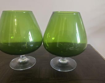 Pair of Vintage Green Glass Brandy Snifters – Large Footed Cognac Glasses