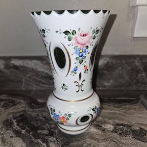 Vintage Bohemian Czech Glass Vase - Hand-Painted Floral with Scalloped Rim
