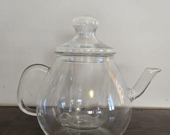 Vintage Clear Glass Teapot, Round Bulbous Borosilicate, Mid Century Modern Kitchen