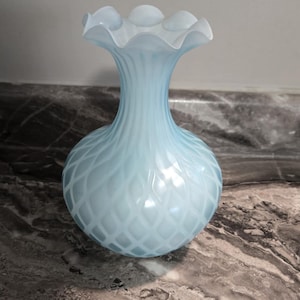 Antique Mt Washington Glass Co Turquoise Quilted Satin Glass Vase - Diamond Ruffle Top