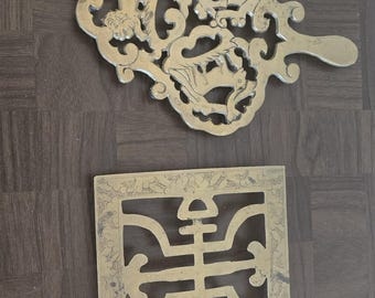 Vintage Brass Trivets Set: Ruyi Scepter, Shou Longevity Symbol Kitchen Decor