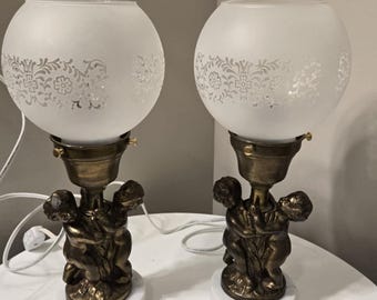Vintage Hollywood Regency Cherub Angel Table Lamps Pair