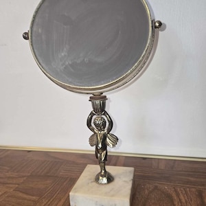 Vintage-Style Cherub Vanity Mirror with Marble Base | Authentic Patina | Elegant Home Decor