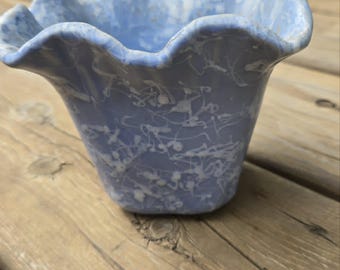 Vintage Shawnee Pottery Blue White Splatter Planter Vase #2508 Ruffled Rim USA Mid Century