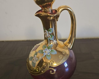 Vintage Cranberry Glass Decanter | Gold Gilt | Applied Enamel Flowers | Ball Stopper | Bohemian Style