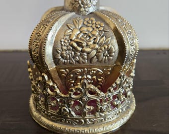 Vintage Japan Brass TAJ Crown Musical Jewelry Trinket Music Box Red Velvet