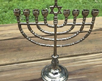 Vintage Silver-Tone Hanukkah Menorah – Nine Branch with Star of David, Footed Base