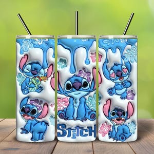 May include: A set of three insulated tumblers featuring the character Stitch from Lilo & Stitch. The tumblers are white with blue accents, Stitch illustrations, and the word "Stitch". Each tumbler has a black straw.
