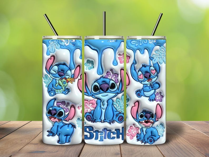 May include: A set of three insulated tumblers featuring the character Stitch from Lilo & Stitch. The tumblers are white with blue accents, Stitch illustrations, and the word "Stitch". Each tumbler has a black straw.