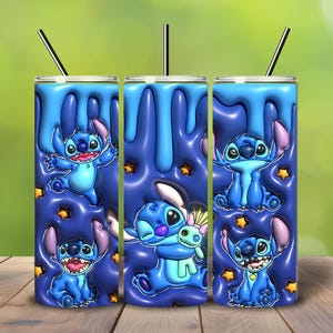 May include: Three blue tumblers with a cartoon Stitch design. The tumblers feature a blue background with a dripping effect and Stitch illustrations. Each tumbler has a black straw.
