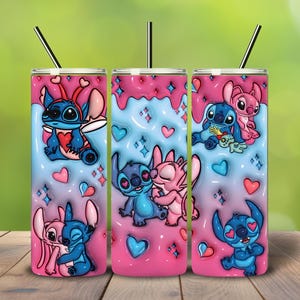May include: Three stainless steel tumblers with a colorful design featuring the characters Stitch and Angel. The tumblers have a pink and blue gradient background with hearts and stars. Each tumbler has a black straw.