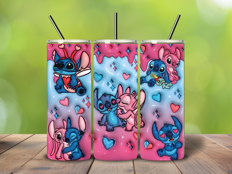 May include: Three stainless steel tumblers with a colorful design featuring the characters Stitch and Angel. The tumblers have a pink and blue gradient background with hearts and stars. Each tumbler has a black straw.