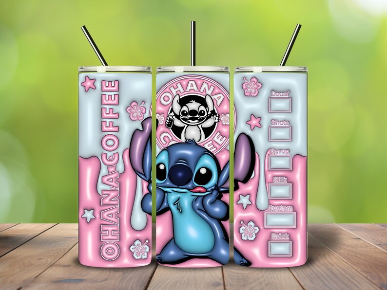 May include: A set of three insulated tumblers featuring a cartoon character. The tumblers have a pink and blue color scheme with the words "OHANA COFFEE" and a coffee order guide. Each tumbler has a black straw.