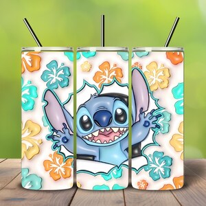 May include: Three stainless steel tumblers with black straws. Each tumbler features a cartoon image of Stitch, surrounded by a white outline and colorful hibiscus flowers in orange, teal, and yellow.