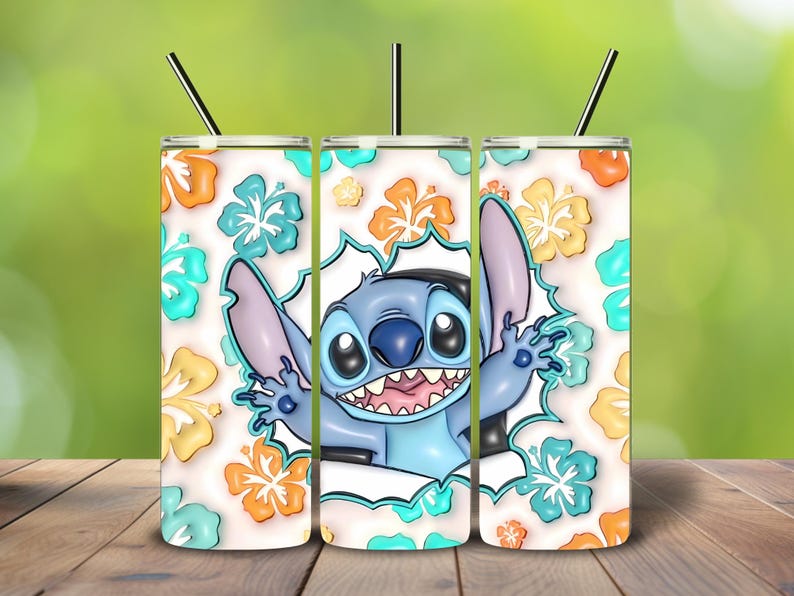 May include: Three stainless steel tumblers with black straws. Each tumbler features a cartoon image of Stitch, surrounded by a white outline and colorful hibiscus flowers in orange, teal, and yellow.