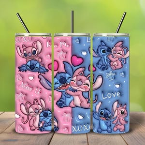 May include: Three insulated tumblers with a cartoon design featuring Stitch and Angel. The tumblers are pink and blue, with hearts, gifts, and the words "Miss U," "Love," and "XOXO." Each tumbler has a black straw.