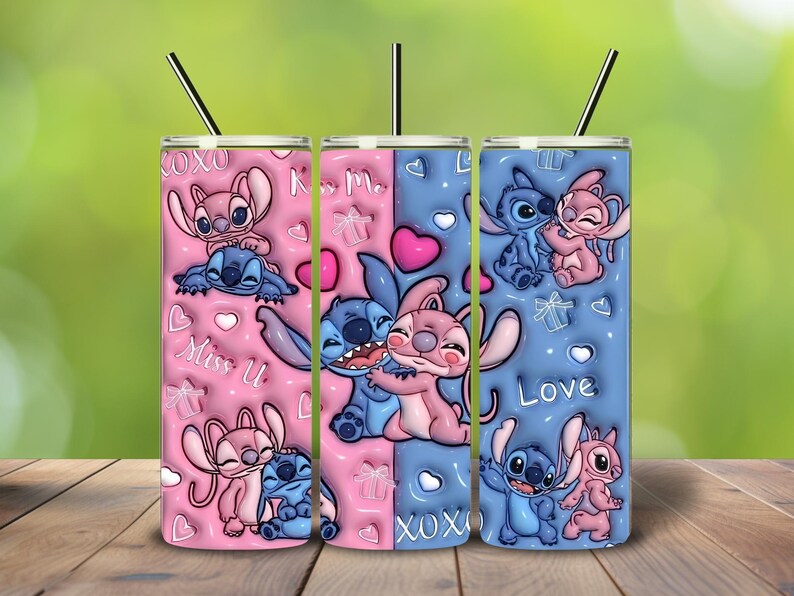 May include: Three insulated tumblers with a cartoon design featuring Stitch and Angel. The tumblers are pink and blue, with hearts, gifts, and the words "Miss U," "Love," and "XOXO." Each tumbler has a black straw.