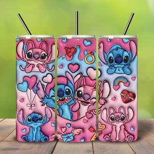 May include: Three stainless steel tumblers with a pink and blue design featuring the characters Stitch and Angel, hearts, and other Valentine's Day themed graphics. Each tumbler has a black straw.